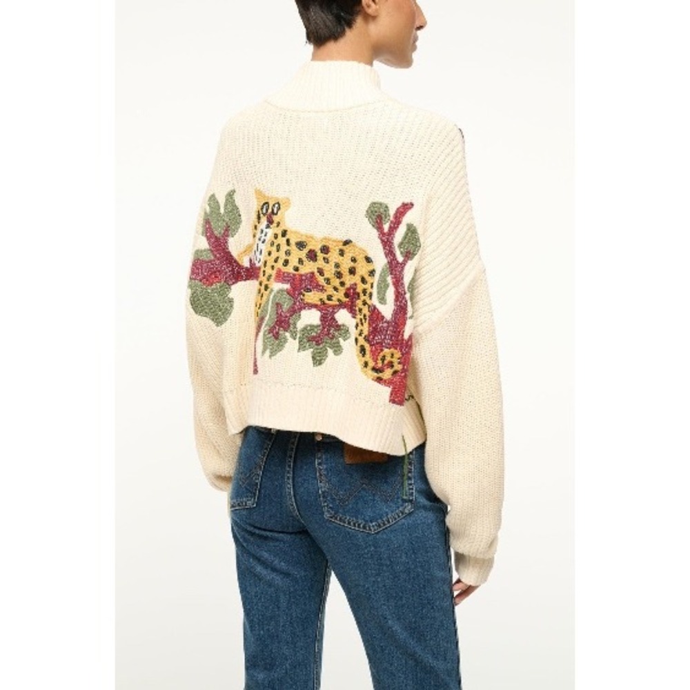 NWT STAUD Hampton Sweater XL Jungle Leopard Cream Quarter Zip Ribbed Knit